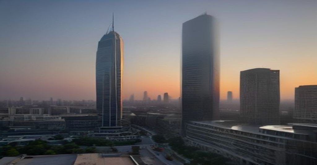 A modern Grade A glass office tower in a Gurugram-style business district at golden hour, representing the institutional-grade commercial office stock discussed in this Gurugram vs Noida investment comparison.