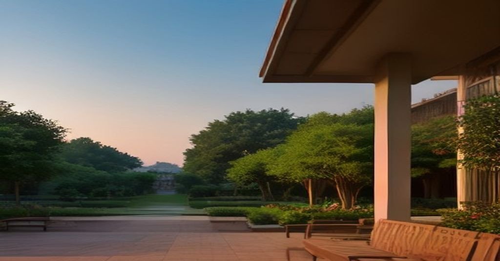 A calm courtyard garden typical of a senior living residential community in Delhi-NCR, illustrating independent and assisted living options.