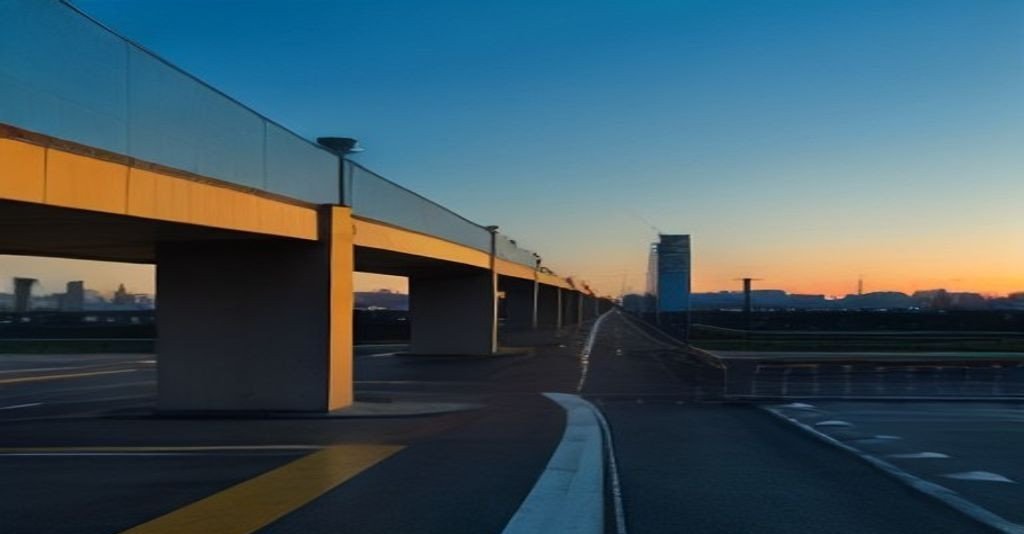 Color photograph of an elevated expressway leading toward an airport terminal at golden hour, illustrating the Noida International Airport and Yamuna Expressway property corridor