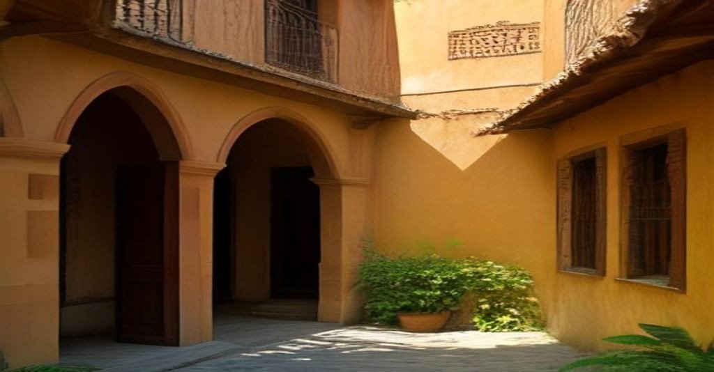 Portuguese-era villa courtyard with palm trees in a North Goa residential neighbourhood at golden hour