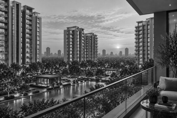 Residential group housing at dusk