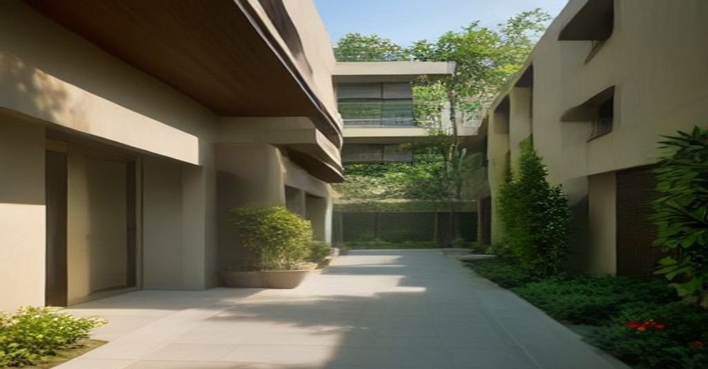 A well-maintained gated residential society courtyard in India at golden hour, illustrating the governance and upkeep standards buyers should verify before purchase