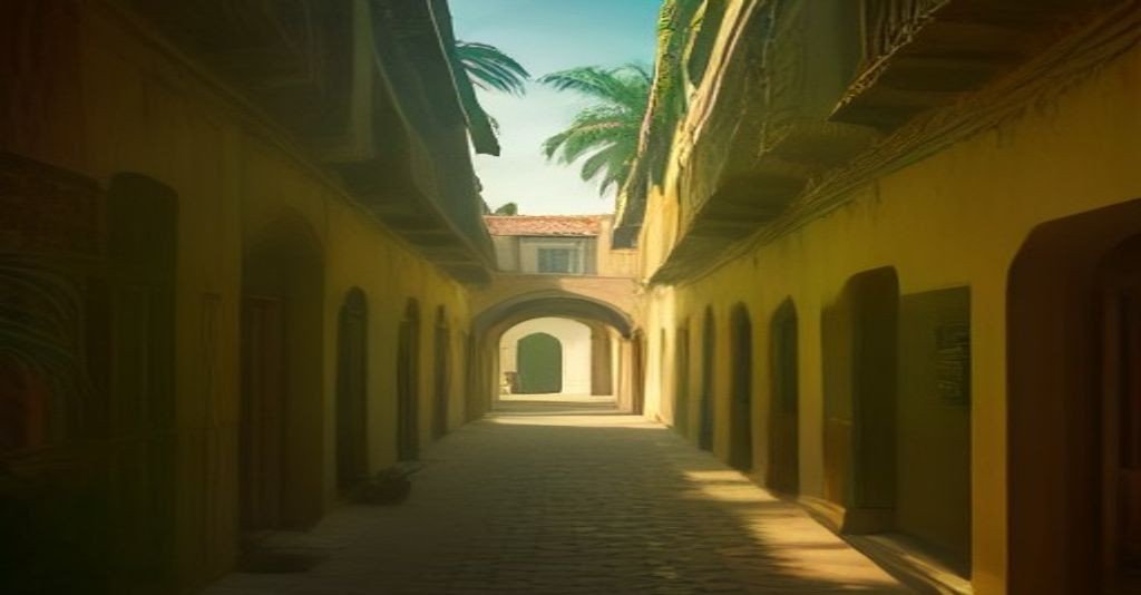 A calm coastal courtyard with Portuguese-style architecture and palm trees in North Goa, representing the emerging retirement community landscape discussed in this guide