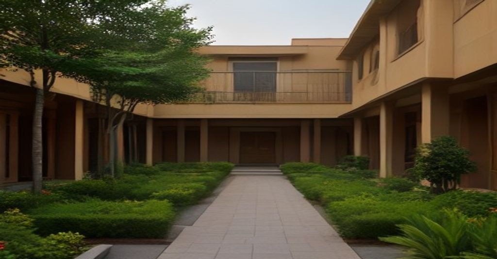 Landscaped courtyard of a senior living retirement community in Delhi-NCR at golden hour