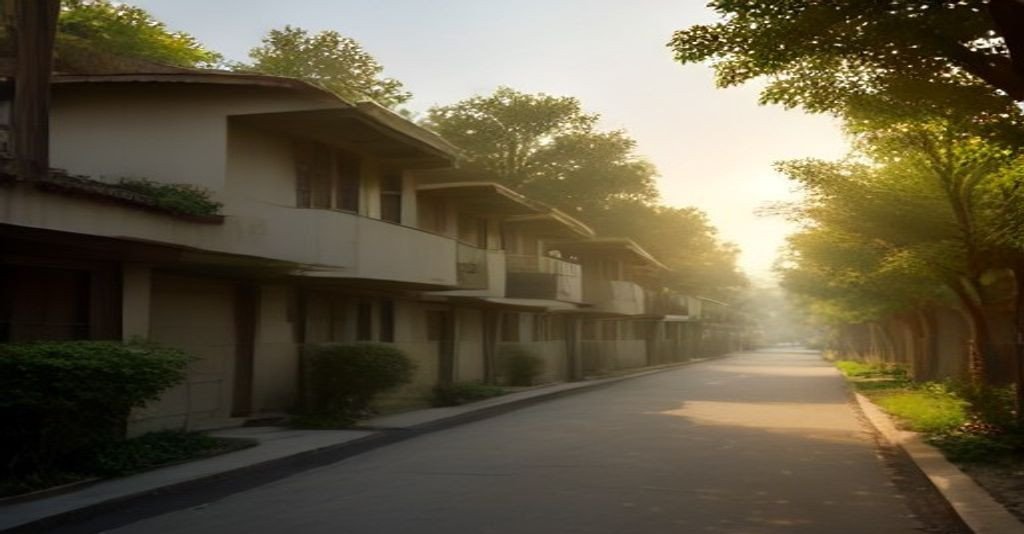 Tree-lined residential street in a South Delhi luxury colony with low-rise builder-floor homes at golden hour