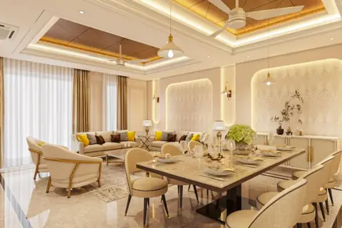 Interior render of the living and dining area in the 4BHK builder floor for sale in Gulmohar Park, South Delhi