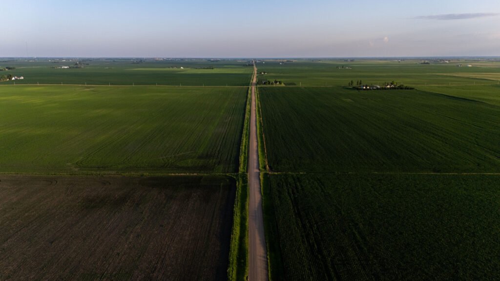 Aerial view of agricultural farmland on the Delhi-NCR periphery, representative of the undeveloped New Noida (DNGIR) investment region ahead of planned infrastructure.
